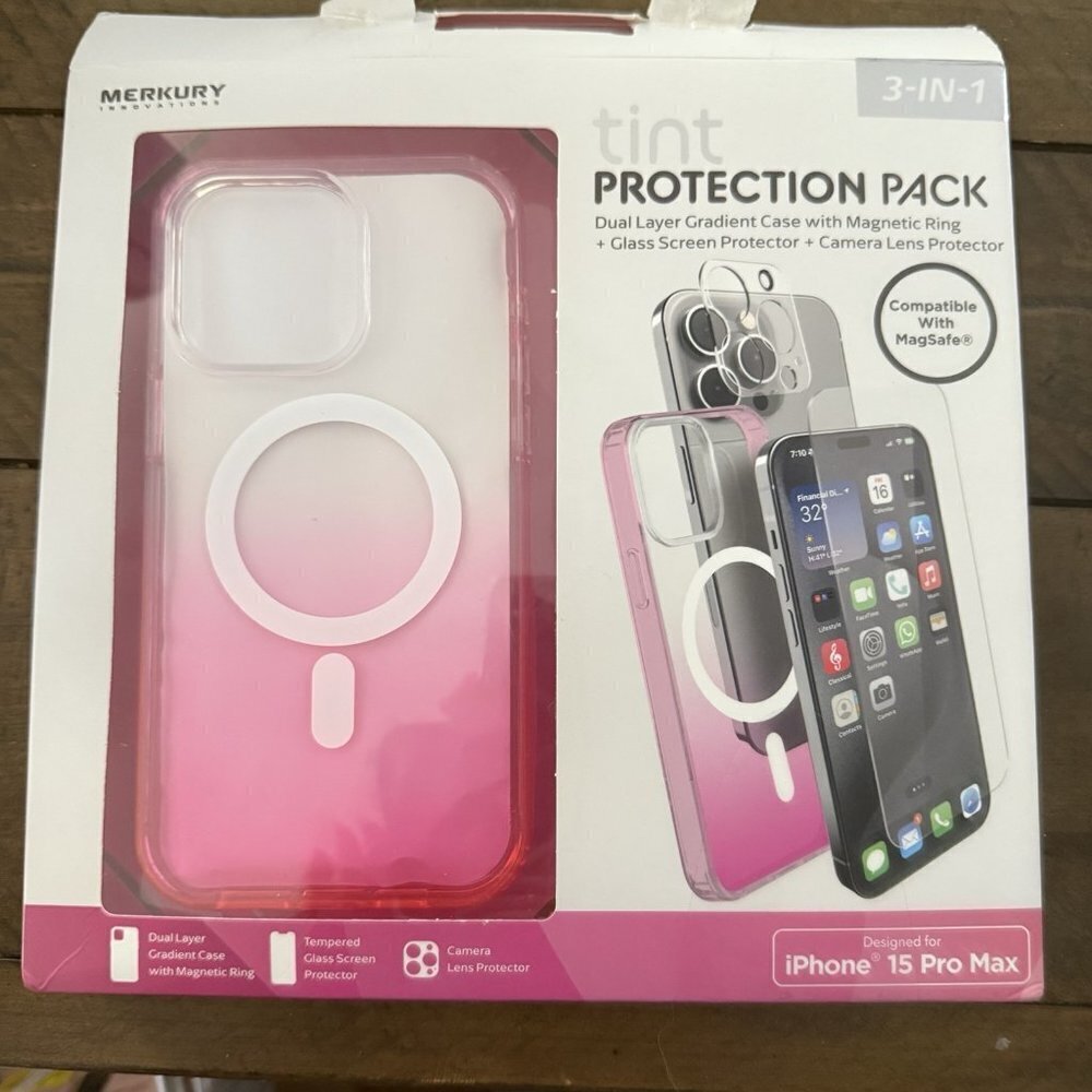 Merkury Pink iPHONE 15 Pro Max Case And Screen Protector Pack Magsafe Open Box